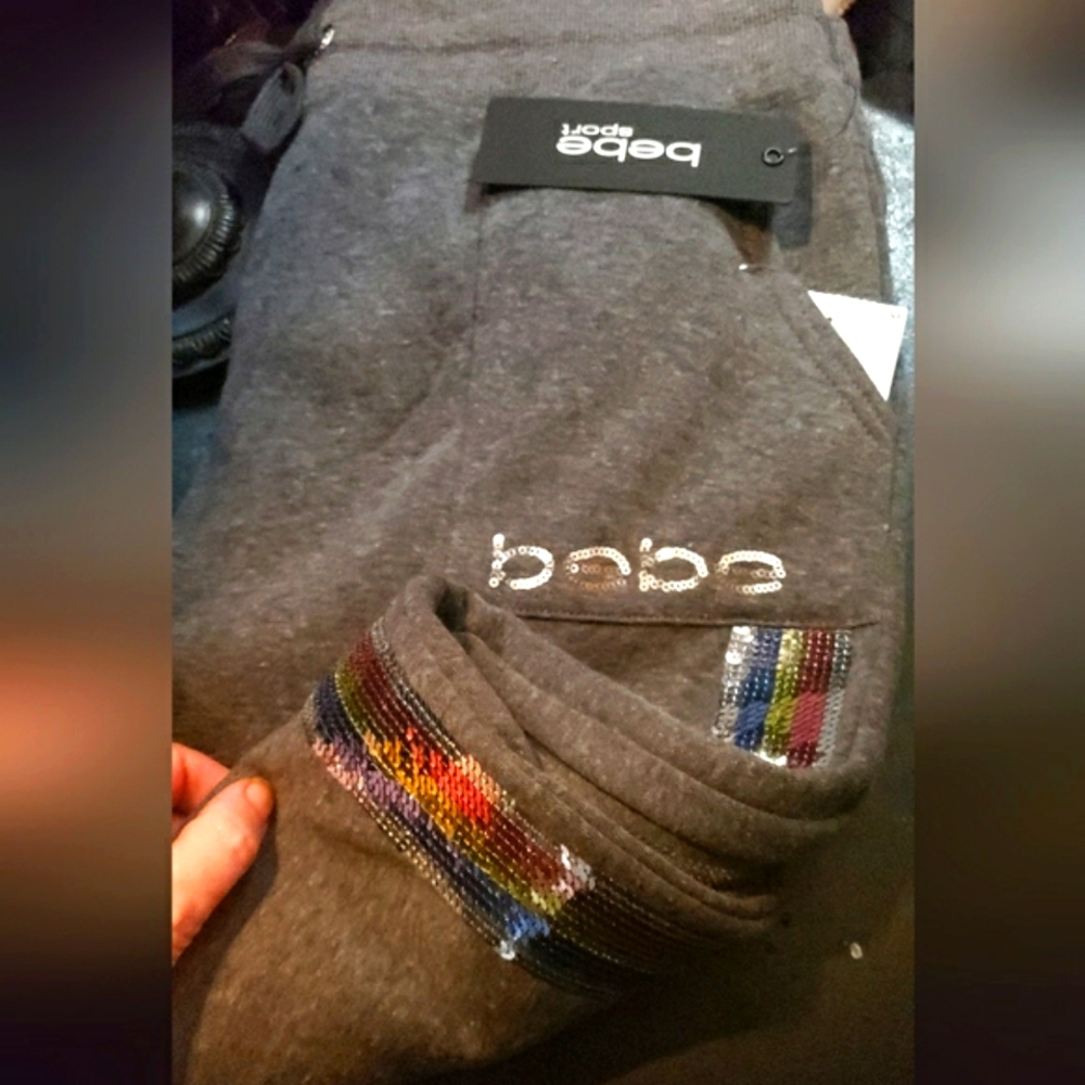 NWT Thick Winter Weight bebe Sequined Rainbow Striped Sweatpants